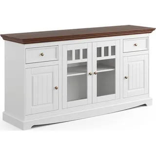 Sideboard 167cm mit Glastüren, Massivholz in weiß mit Walnuss Optik BORMIO-163 - Weiß