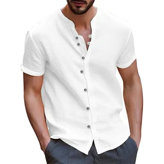 TBloevwlh Leinenhemd Herren Kurzarm, Leinen Hemd Herren Ohne Kragen, Sommer Kurzarmhemd mit Knopfleiste Leichtes Sommerhemdn Vintage Herrenhemd Mode Freizeithemd Casual Locker Strandhemd für Männer
