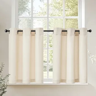 TOPICK Scheibengardinen Küche 2er Set 60Hx 95B cm Beige Bistrogardine mit Ösen Modern Gardinen Kurz Lichtdurchlässig Leinenoptik Küchengardinen für Kleine Fenster Wohnmobil Küchenfenster