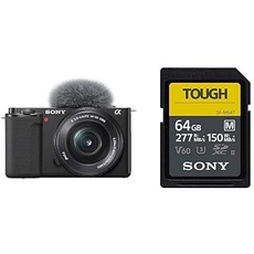 Sony Alpha ZV-E10 | APS-C spiegellose Vlog-Kamera (schwenkbarer Bildschirm für Vlogging, 4K-Video, Echtzeit-Augen-Autofokus) Schwarz + SEL1650 Objektiv + Speicherkarte