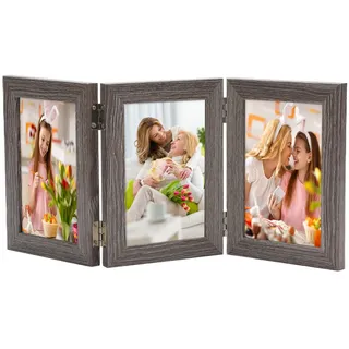 AiQInu Klappbarer Bilderrahmen für 3 Bilder (10x15 cm), 3er Bilderrahmen aus Holz mit Glasfrontständer vertikal auf dem Desktop, Hochwertiger 3-Teiliger Foto Rahmen für Modern Deko Family