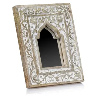 Marrakesch Schminkspiegel aus Holz 25 cm | Boho Deko Standspiegel klein Goul | Orientalische Kosmetikspiegel für Schlafzimmer, Wohnzimmer und Bad