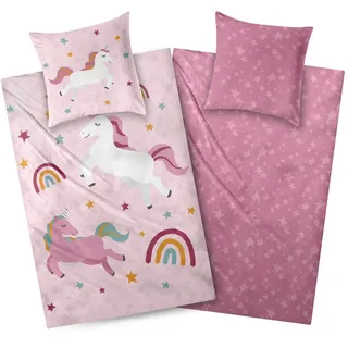 Aminata kids Bettwäsche 135x200 Biber Einhorn Regenbogen-Motiv Kinder Mädchen Baumwolle Rosa YKK Reißverschluss - Einhorn-Wende-Bettwäsche-Set Warm, Weich & Kuschelig - Flanell Tier-Motiv