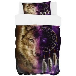 Zomer Bettwäsche Set 135x200 cm 2teilig Bettbezug Mikrofaser Bettwäsche Deckenbezug mit Der Wolf und der Traumfänger Motiv - 1 Flauschige Bettdeckenbezug und 1 Kissenbezug 80x80cm