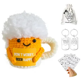 Handgestricktes Bierglas-Kuscheltier im Baumwollbeutel – Mit Glücksöffner & 24 Mutmachkarten • Büro-Buddy • Kinder-Schutzengel • Party-Seelentröster; Geschenk für Männer/Frauen/Prüfung (Glücks-Bier)