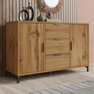 Kommode mit 2 Türen und 3 Schubladen, verstellbare Ablage, Türkommoden-Eiche-Look, Dunkle Eiche- 120x76x40 cm - Braun