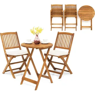 KOMFOTTEU 3 teilig Balkonmöbel, Balkonset klappbar, Gartenmöbel-Set mit 1 Tisch & 2 Stühlen, Sitzgarnitur mit 2 Kissen, Sitzgruppe Bistroset für Balkon, Garten (Beige Kissen) - Naturbelassen