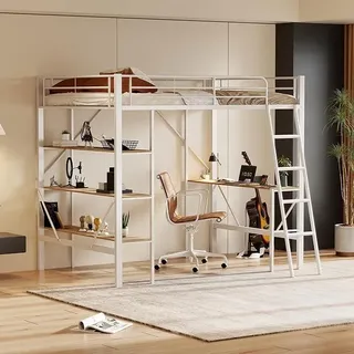 Metallbett 90x200 cm, Hochbett mit Schreibtisch und DREI großen Ablagen, Etagenbett mit Treppe, Eisenbett Kinderbett Jugendbett Bettgestell, Ohne Matratze (Weiß) - Weiß