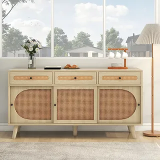 MODFU Kommode Sideboard mit 3 Rattan Schubladen und 3 Schiebetüren, Schrank Buffet PE-Kunststoff-Rattantür für Wohnzimmer, Schlafzimmer, Kinderzimmer, Jugendzimmer und Büro, 140 cm lang, Natur