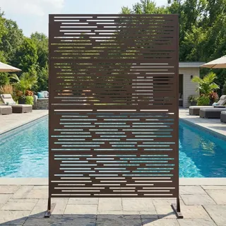 Sichtschutz Metall, Freistehender Paravent 180x120 cm, Wetterfester Sichtschutz Für Garten Terrasse Balkon Outdoor Deko, Raumteiler Mit Ständer, Verzinkter Stahl, Streifen Braun