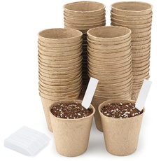 KINGLAKE 100 Stück Anzuchttöpfe Biologisch Abbaubare 8CM, Kleine Aussaattöpfe Papier Zellstoff Rund, Für Sämlingen,Saate, Stecklingen, Mit 100 Stück Pflanzenstecker 5X1CM