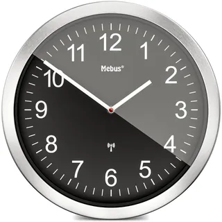 Mebus XXL Funkwanduhr, extra-groß, große Wanduhr, Funk-Uhrwerk, lautlos, kein Sekundenzeiger, schwarzes Zifferblatt, 45 cm Durchmesser, Modell: 14120