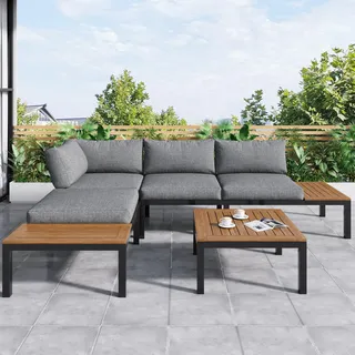 Garten-Lounge-Set – 2 Zweisitzer, 2 Beistelltische & 1 Tisch mit massiver Akazienplatte, Stoffbezug, Terrassenmöbel-Set für Außenbereich, Grau - Grau