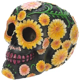 Puckator Day of The Dead Totenkopf mit Blumenmuster, Polyresin, Gelb/Grün/Pink/Schwarz, 15 x 10,5 x 11,5 cm, Kunstharz, Mehrfarbig, 11,5 x 10,5 x 15 cm