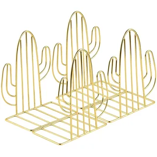 MSDADA Buchstützen, 2 Paar Metall rutschfeste Buchständer für Kinder, Kaktus Bücherregal für zu Hause Schlafzimmer Bibliothek Büro Schulbuch Anzeige Desktop Organizer Dekorative (Gold)