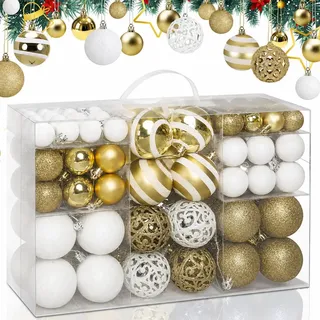 Bakaji Packung mit 00 Weihnachtskugeln, Durchmesser 3/4/6 cm, Dekoration für den Weihnachtsbaum (Weiß Gold)