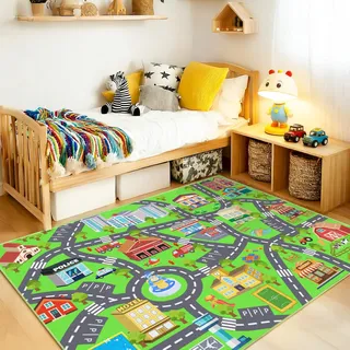 Rezutan Autoteppich Kinder mit Straße, Kurzflor Waschbar & rutschfest Teppich für Kinderzimmer, spielteppich straße für Klassenzimmer, Spielzimmer, Schlafzimmer, 120X160cm