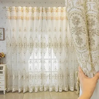 Amidoudou 1 Paar europäische Doppellagige Vorhänge mit Volants für Wohnzimmer, Schlafzimmer, luxuriöse 3D-Blumenstickerei, halbverdunkelnde Vorhänge (Weiß, 130 x 228 cm)