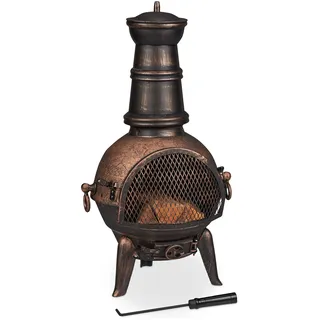 Relaxdays Terrassenofen, Aztekenofen mit Schürhaken, Gusseisen, Funkenschutz, für Garten, HxBxT: 86x46x38 cm, Bronze