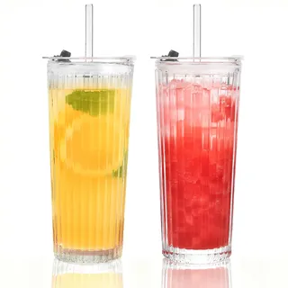 ALINK 520 ml gerippte Glasbecher Set of 2 mit Strohhalm und Deckel, Glasgeschirr Trinkgläser, auslaufsichere Eiskaffee-Becher, wiederverwendbar, ideal für Eiskaffee, Smoothies und Säfte