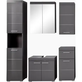 trendteam smart living - Amanda - Badezimmer Komplettset (WBU + Spiegelschrank LED + Standschrank + Hochschrank + Hängeschrank) - Agave Grau Hochglanz - (BxHxT) 163 x 190 x 34 cm - Kratzfest