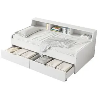 Massivholzbett mit Lattenrost, Schubladen und Regal (90x200 cm), Einzelbett, Jugendbett, Kiefer - Weiß
