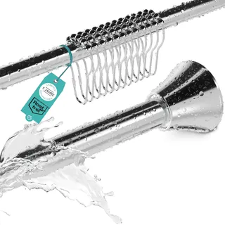 Duschvorhangstange ohne Bohren inkl. 12 Ringe - Stabile 120-215cm Teleskop Duschstange ohne Bohren aus Edelstahl rostfrei - Duschvorhang Stangen Set - Teleskopstange Dusche & Badewanne