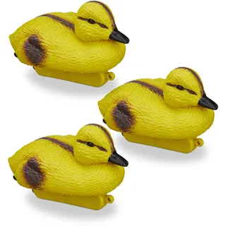 Relaxdays Teichenten, Entenküken, schwimmende Baby-Enten, Kunststoff, wetterfest, Dekofigur, Teich, Garten, gelb-schwarz, 3er Pack