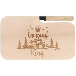 Spruchreif | Brotzeitbrett mit Messer "Camping King" – Graviertes Holzbrett mit Camper-Motiv | Lustiges Geschenk für Männer & Campingfreunde