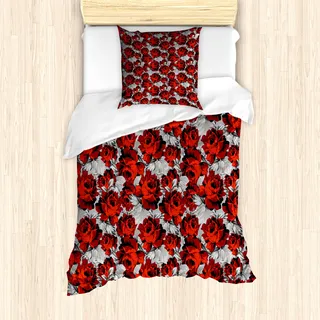 ABAKUHAUS Blumen Mantele, Rosen Vintage Valentines, Milbensicher Allergiker geeignet mit Kissenbezügen, 135 cm x 200 cm - 80 x 80 cm, Rot Grau Schwarz - Rot