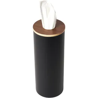 Yamazaki 5981 RIN Runde Taschentuchbox L, schwarz, Stahl/Holz/Silikon, minimalistisch, 9.2 x 9.2 x 23.8 cm