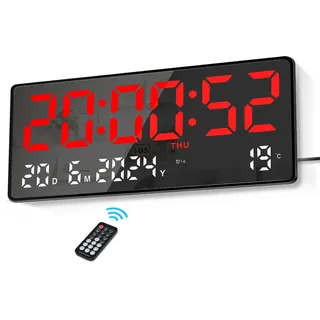 Lafocuse 15.5" Wanduhr Digital LED Groß Display, Digitale Wanduhr Tischuhr mit Fernbedienung, Großen Ziffern, Datum, Temperatur, Woche, Digitaluhr Modern für Wohnzimmer Schlafzimmer Büro Küche, Rot