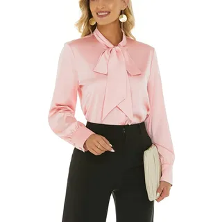 Escalier Damen Seidenbluse Fliege Hals Langarm Satin Knopfleiste Hemd Casual Büro Bluse Top, Rose, Groß