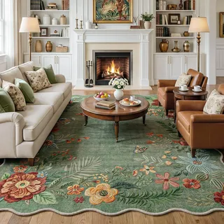 Beauoop Teppich Wohnzimmer 200x300 cm Grün Waschbar Blumen Wellenrand | Vintage Kurzflor Weich Rutschfest Groß Carpet Schlafzimmer Kinderzimmer Esszimmer Landhausstil Rug for Living Room Bedroom