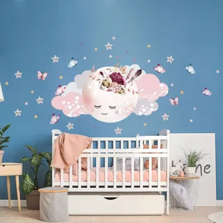 Wandsticker Kinder Dekoration Babyzimmer Wandtattoo Kinderzimmer Wandaufkleber Mond Boho Wolken Sterne Schmetterlinge H60 x 90 cm