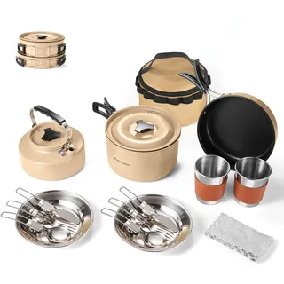 Odoland Camping Kochgeschirr Set Antihaft-Topf und Pfanne Set mit Wasserkocher, Edelstahl Utensilien Mess Kit, Tassen Teller Messer Löffel Gabeln für Outdoor-Kochen