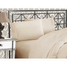 Elegant Comfort Luxuriöses 4-teiliges Bettlaken-Set, Fadenzahl 1500, ägyptische Qualität, dreireihig, Bestickt, weichste Premium-Hotelqualität, Knitter- und lichtbeständig, voll, cremefarben
