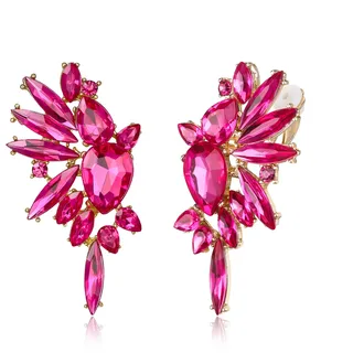 EVER FAITH Flügel Kristall Ohrclips Mode Statement Ohrringe Art Deco bunte Marquise Tropfen Braut baumeln Clip-on für Damen Hot Pink Gold-Ton