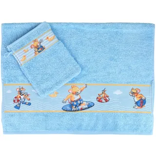 Leo Lausemaus Kinder Frottier-Set, 2-teilig, blau - mit flauschigem Kinderhandtuch und Waschhandschuh, für Jungen und Mädchen - Handtuch 50 x 70 cm, Waschlappen 16 x 21 cm