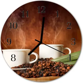 Glasuhr Wanduhr Küchenuhr Echt-Glas 30fi cm Kaffee Tassen braun - Braun
