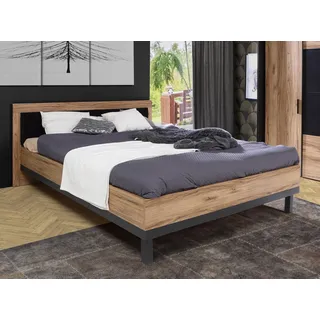 Forte DALATE Bett 180 190, Modernes Bettgestell, Doppelbett, Liegefläche: 160 cm x 200 cm, Holzwerkstoff, Catania Eiche Holzdekor/Schwarz Matt, 181,6 cm breit x 98,5 cm hoch x 211 cm tief