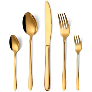 HONKKU 30 Teilig Gold Besteck Set, Edelstahl Besteckset für 6 Personen, Essbesteck Set mit Abendessen Messer, Gabeln und Löffeln für Zuhause/Restaurant/Party/Bankett, Rostfrei Spülmaschinenfest