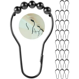 Duschvorhang Ringe, 24 Stück, in Schwarz, mit Kugel-Gleitsystem, 7 x 3,9 cm Größe, für Duschvorhangstangen, aus Metall, Schwarze Ring Duschgardine, Duschvorhangringe, Duschvorhang Haken, Metallringe