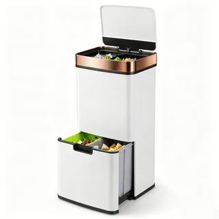 KOMFOTTEU 72L Mülleimer 4 Fächer, Mülltrennsystem mit Deckel für Mülltrennung, Edelstahl Bin Treteimer mit Sensor, Abfalleimer Müllsammler Innenbereich für Küche, Büro (Weiß+Roségold) - Weiß