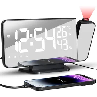 TAKRINK Projektionswecker, Wecker Digital mit 180° Projektion, Reinweiß | 5,5 Zoll LED-Display, 12/24H, FM-Radio, Snooze 5–60 Min., 4 Helligkeiten, USB-Ladeausgang