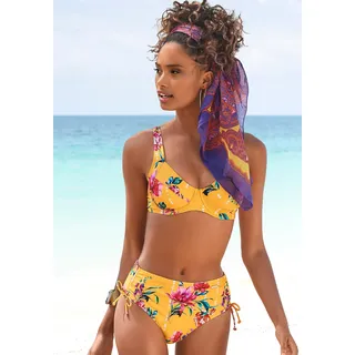 Bügel-Bikini-Top SUNSEEKER "Modern", Damen, Gr. 46, Cup E, gelb (gelb, bedruckt), Polyamid, bedruckt, floral, Bikini-Oberteile Bügel-Bikini-Top, in kompakterer Form