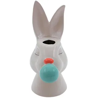 Dekohelden24 Handgemachte Dekovase, Osterdeko, Frühlingsvase, Osterhasendeko, Dekohase Ostern, Keramikhase, Hasenkopf als Vase mit Kaugummiblase in weiß und blau, L/B/H 14 x 11 x 22 cm.