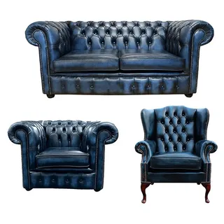 Chesterfield Sofagarnitur Sofa Couch Polster Sitz Garnitur Ohrensessel Sessel - Blau