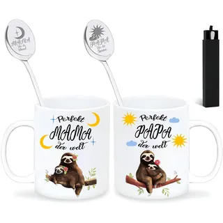 Mama Papa Tasse, Geschenk Eltern, Kaffee Tasse 350ml mit Löffel, mit Spruch Perfekt Papa Mama der Welt, Kaffee-Tasse Faultier, für Weihnachten Geburtstag Muttertag Vatertag Geschenk