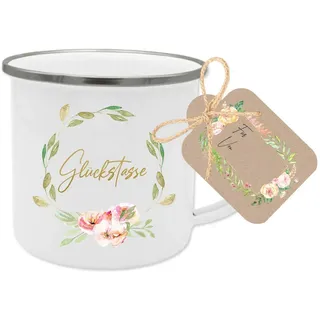 Liebevoll gestaltete Glückstasse im Blumen-Design mit passendem Anhänger I Tasse aus Emaille I bruchsicher, weiß, mit silbernen Rand I ein einzigartiges Geschenk für Frauen, die beste Freundin